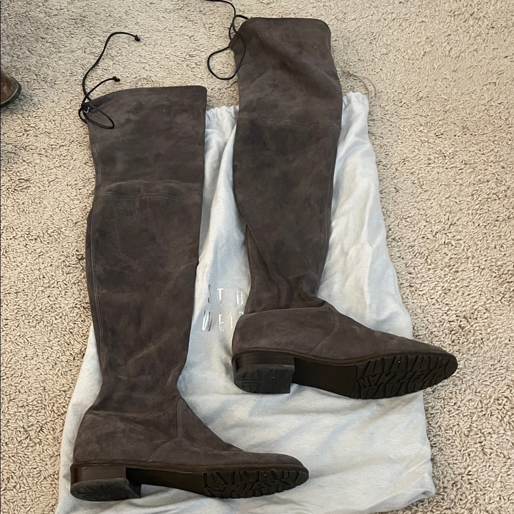 Stuart Weitzman Lowland Stretch Flat Gray Suede Over-the-Knee Boots